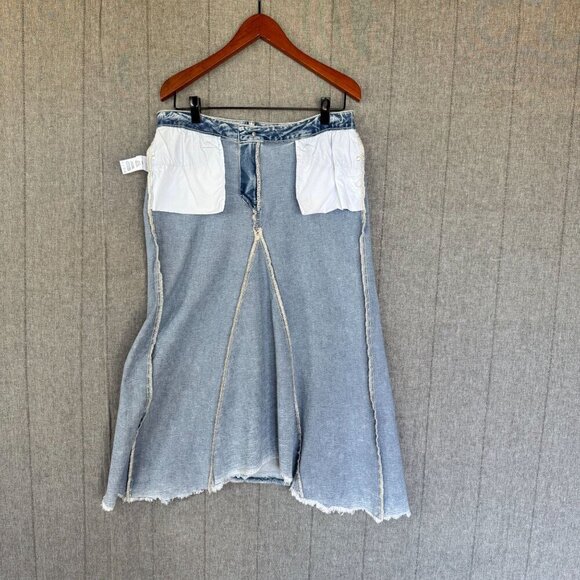 Wash Lab Denim Pieced Two Tone Sky Blue Stretch Boho Long Midi Skirt Size 32 - Picture 9 of 12